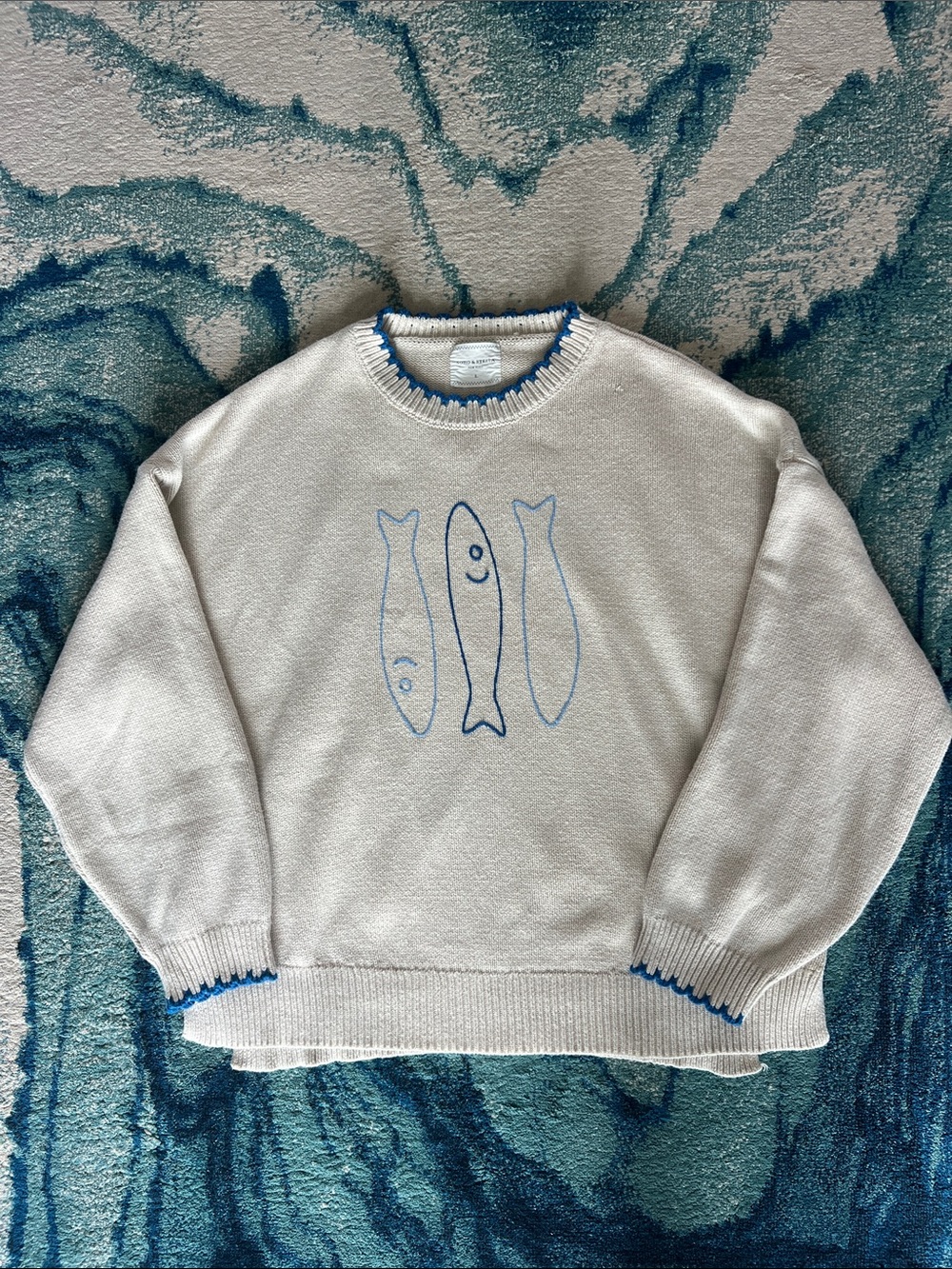 Cream Crewneck Sweater with Blue Fish Graphic